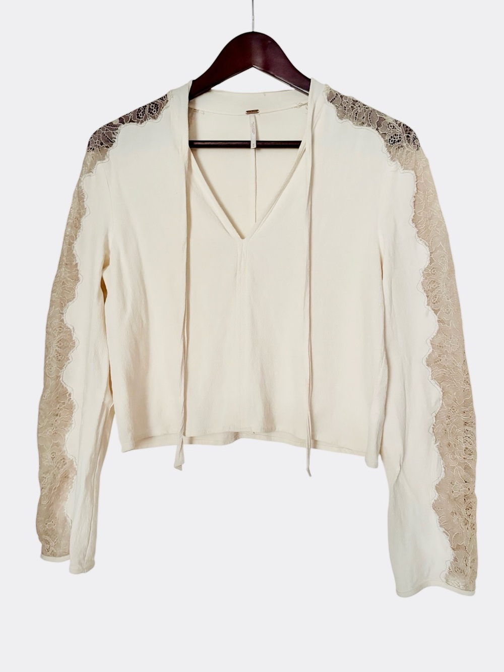 Free People women's Freya Tie Front Blouse lace long sleeve top size M cream - Picture 2 of 11